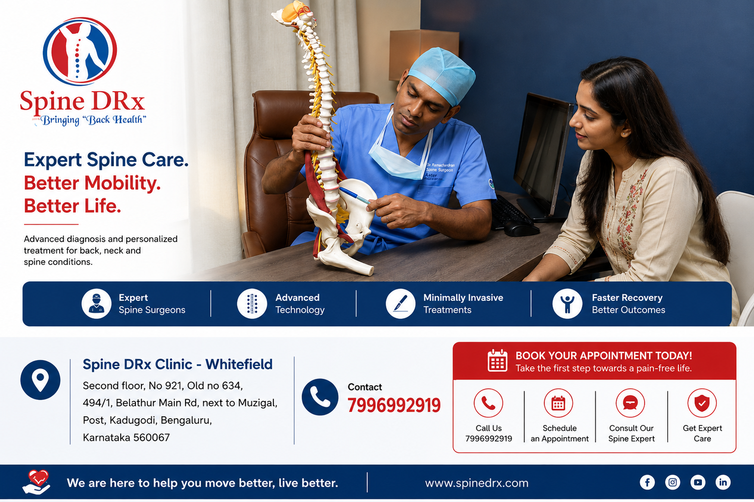 Dr. Ramachandran explaining a spine model to a patient during a spine consultation at Spine DRx Clinic Whitefield, Bangalore